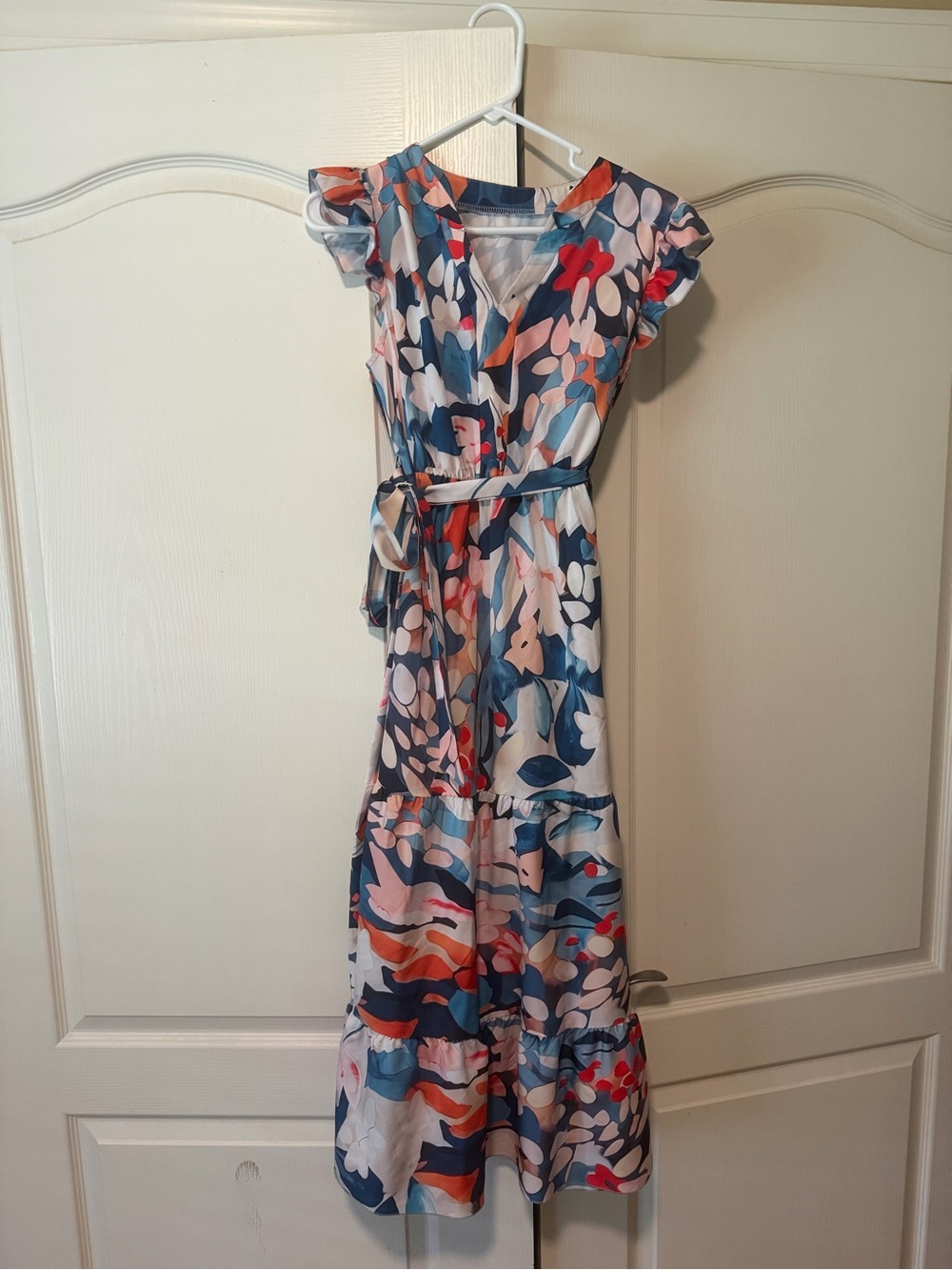 SHEIN Blue Multicolor Floral V-Neck Tie-Waist Maxi Dress